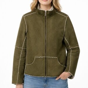 Natural Reflections Green Faux Suede Jacket Shearling Sherpa Size Large Y2k
